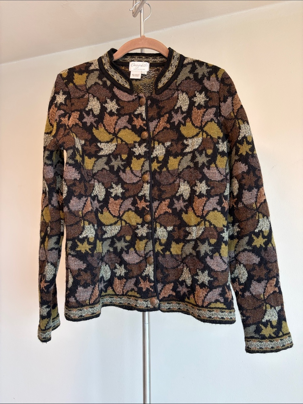 Cherry Lewis Intarsia pinwheel stars  Knit Button-Front Jacket - Olive Multi S